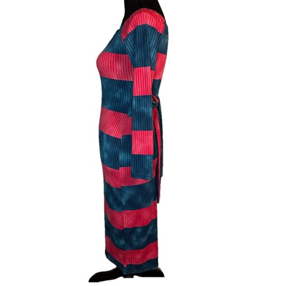Magia Blue Pink Striped Midi Dress – Tie Waist, Stretch Fit - Picture 4 of 6